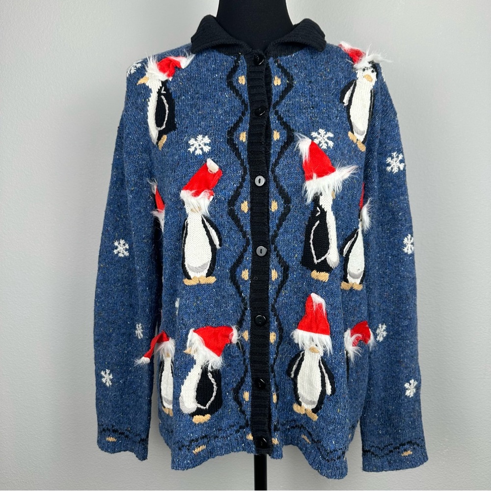 Vintage Penguins in Hats Cardigan Sz Large Wool Blend 3D Ugly Christmas Sweater